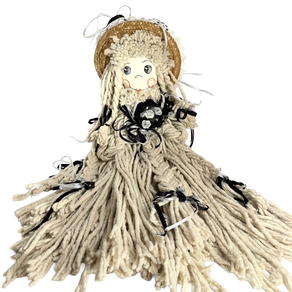 Vintage 27” Handmade Mop Head Doll Straw Hat Ribbon Lace Cottagecore Home Decor